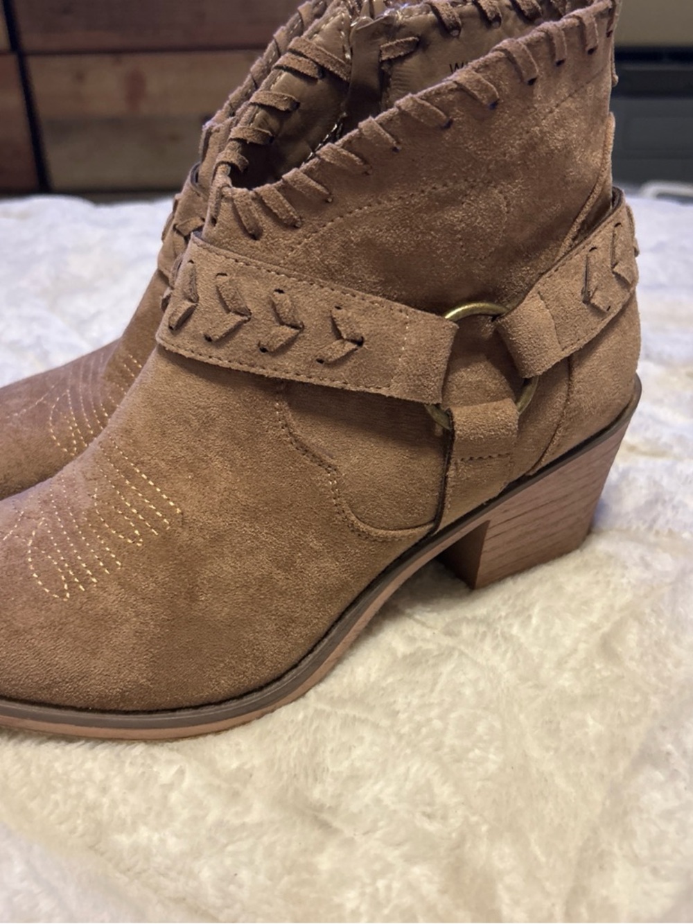 Pierre Dumas Tan Suede Ankle Booties with Ring Strap